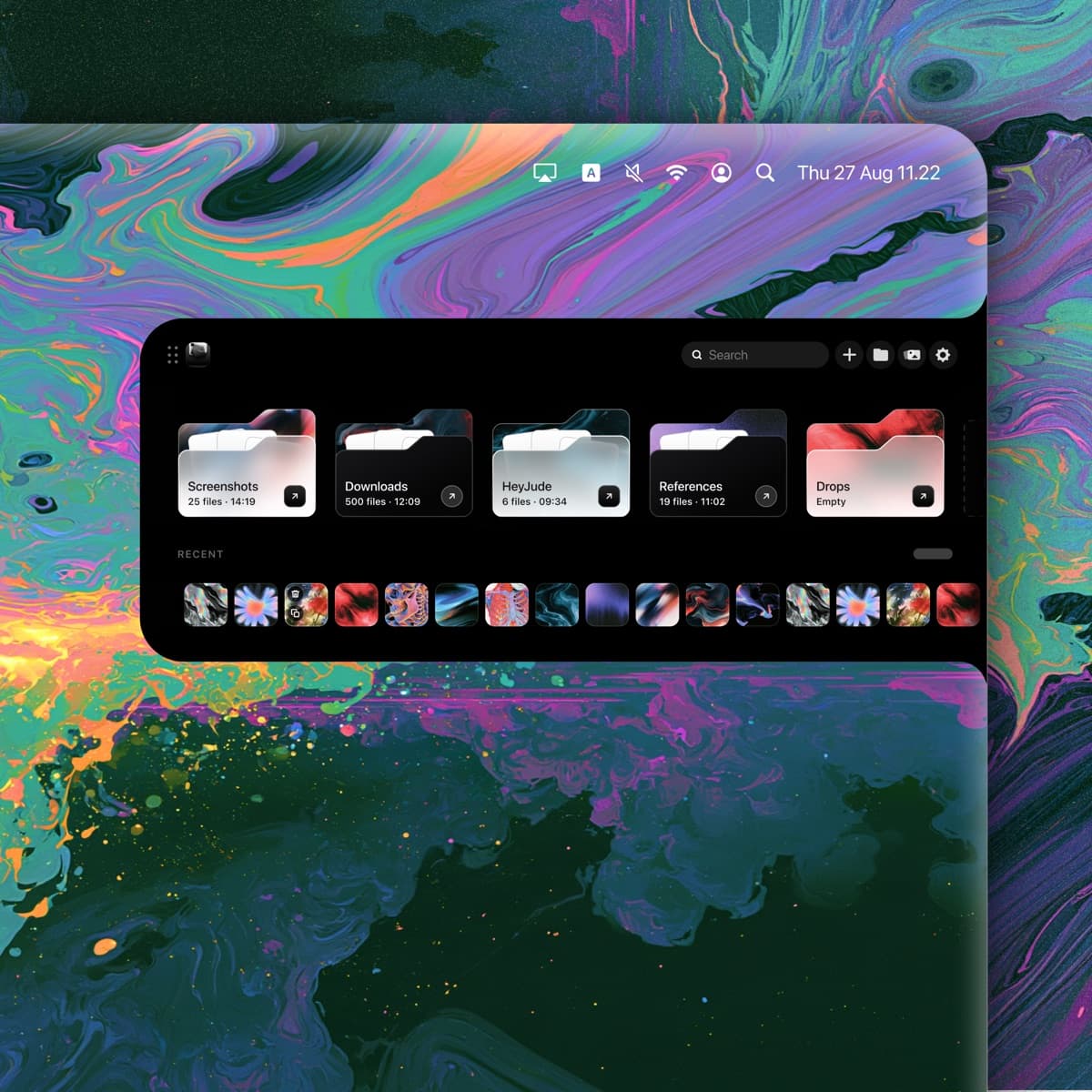 Foldrr — the notch open on a Mac desktop, folder cards across the top and the recent files below them