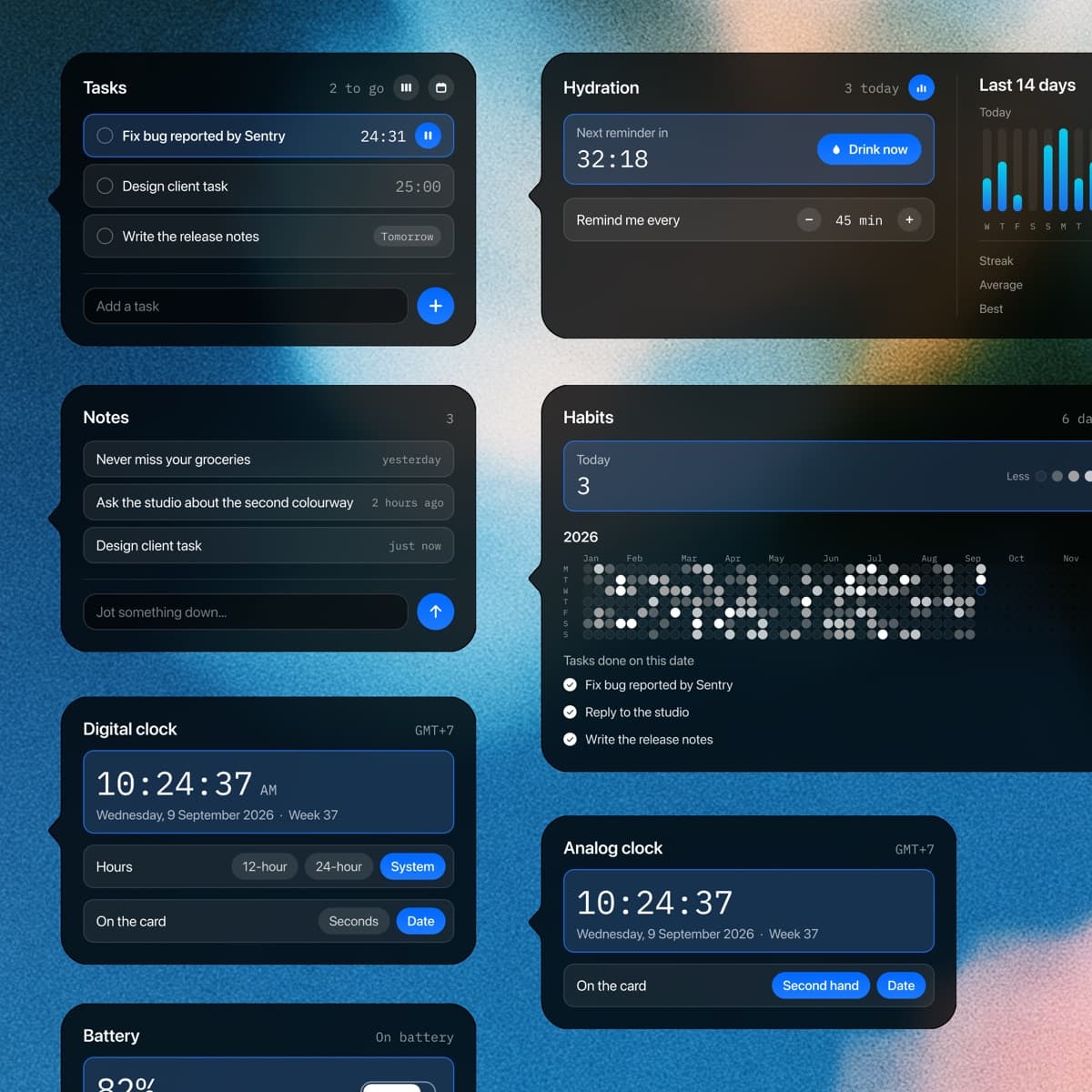 Sydedock — the flyouts for tasks, notes, hydration, habits and the clocks