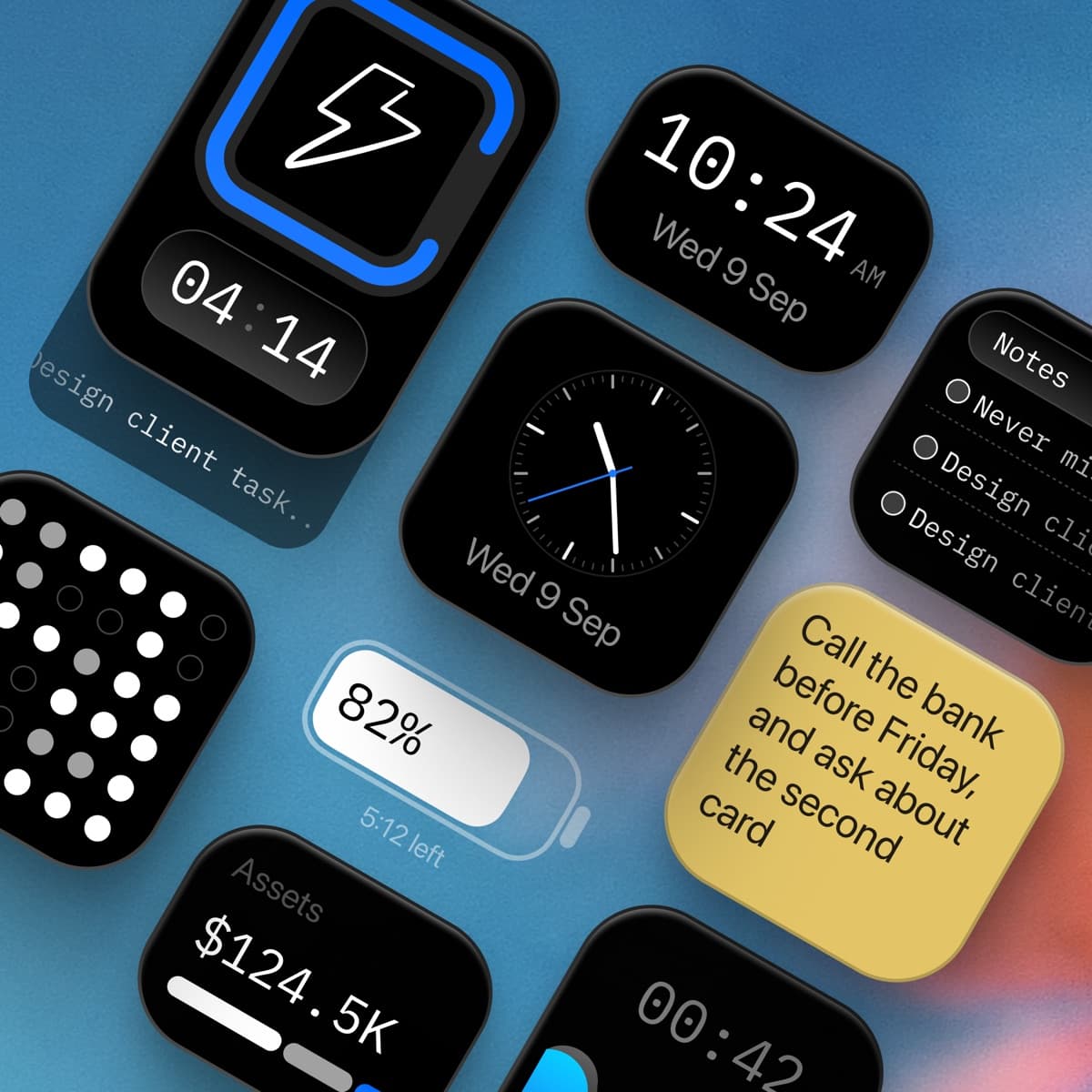 Sydedock — the cards up close: focus timer, clocks, battery, habits, notes, a sticky and assets